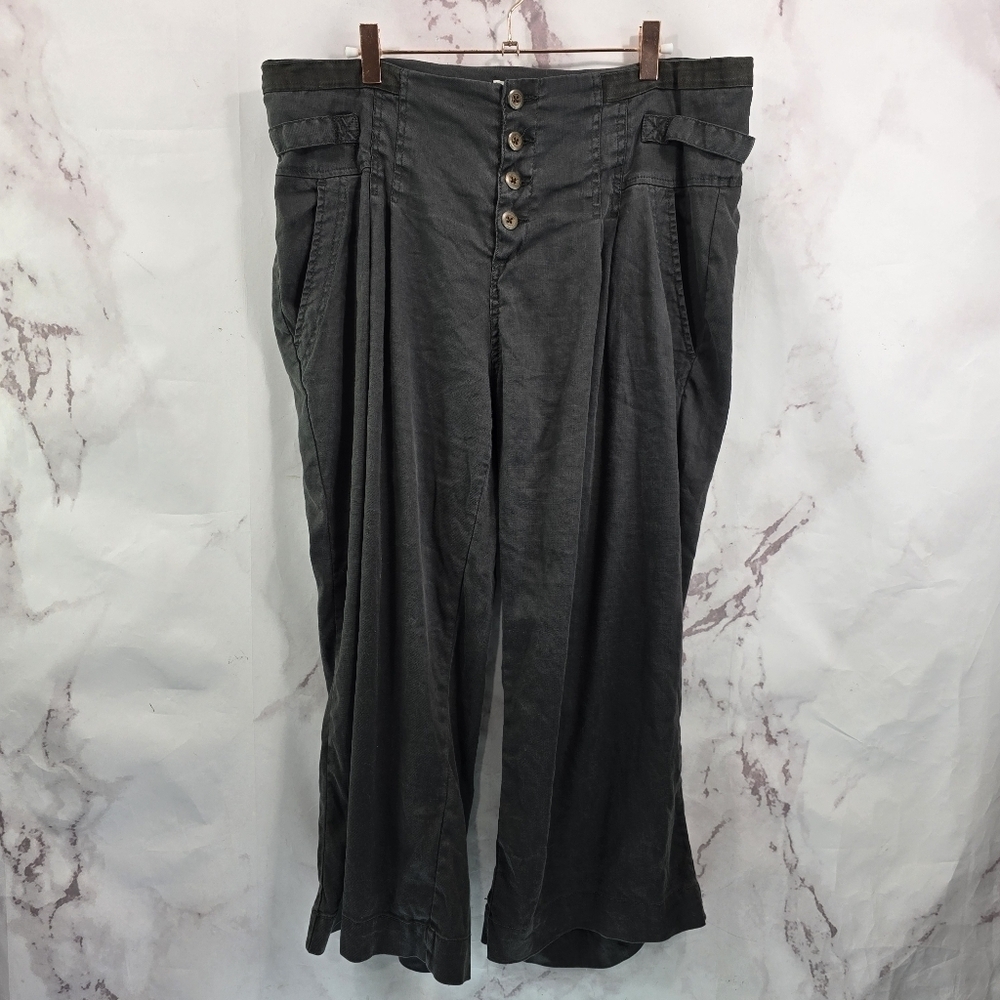 Sundance Pants Women 14 Black Linen High Rise Crop Tapered Trouser Button Fly